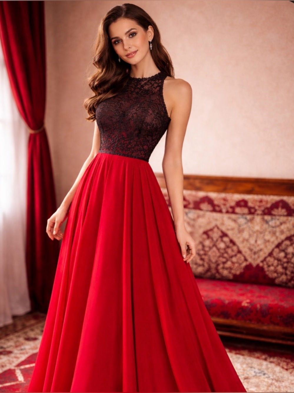 Black Lace Bodice Red Prom Gownd